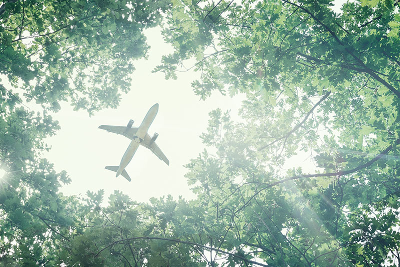 Eco-friendly air transport concept. The plane flies in the sky against the background of green trees. Environmental pollution. Harmful emissions A plane flies in the sky against the background of green trees.